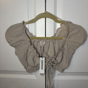 Garage New W/ Tags Puff Sleeve Tie Front Micro Crop Top Taupe Women's Size XS